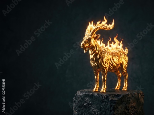 A golden goat statue engulfed in bright flames stands on a dark stone pedestal against a black background. Year of the Fire Goat 2027 Lunar New Year Card. 
