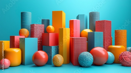 Colorful 3D shapes city skyline, abstract background, design element