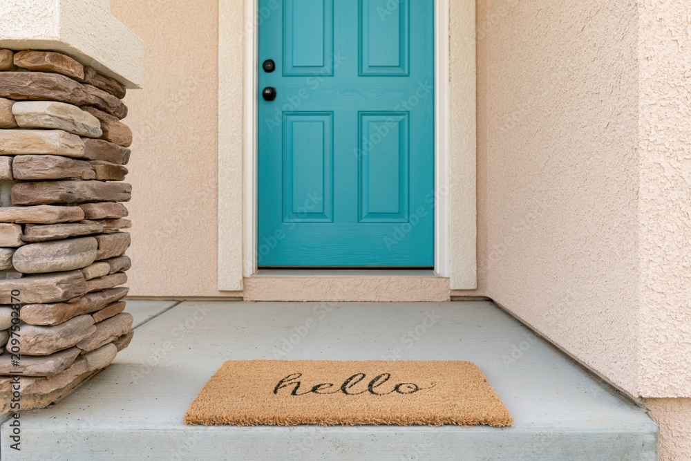 Obraz premium The Turquoise Front Door Welcoming Entrance With Hello Doormat Texture