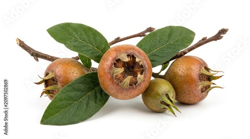 Medlars on a Branch: A close-up shot captures several ripe medlar fruits, each with its characteristic crown, resting on a delicate branch adorned with green leaves.