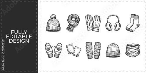 Bild auf Leinwand Winter accessories and seasonal clothing doodle icons set featuring mittens and