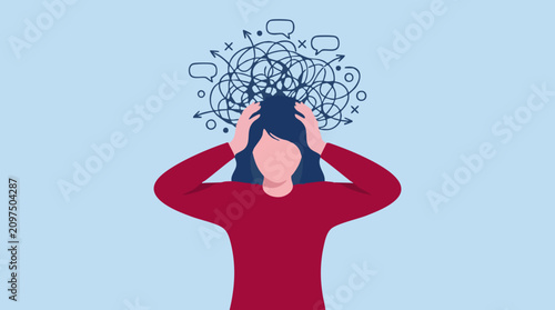 Person with tangled thoughts, symbolizing stress, confusion, and mental overload