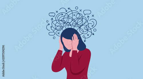Woman with tangled thoughts symbolizing stress and mental confusion
