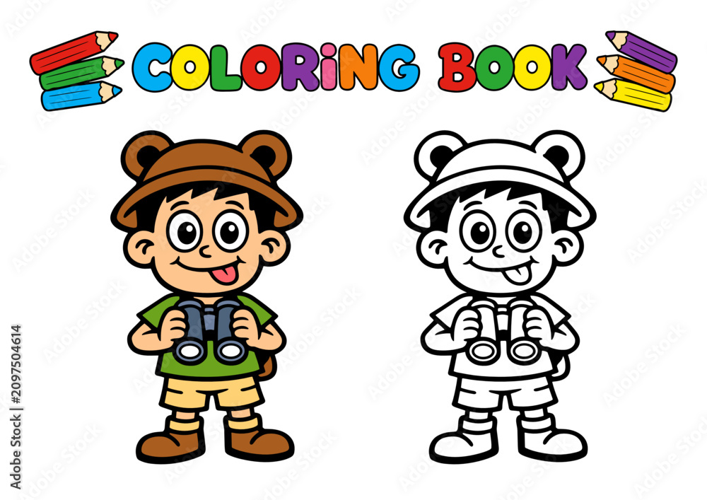 Fototapeta premium Coloring book page with a cheerful safari explorer boy holding binoculars shown side by side in colored and outlined versions, plus a coloring book banner with colored pencils.