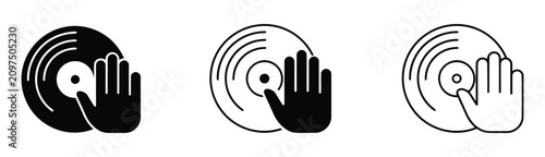 DJ hand on vinyl record icon set: solid black, outline, sketch styles. A simple black and white outline illustration of a vinyl record with a hand gesture nearby. 