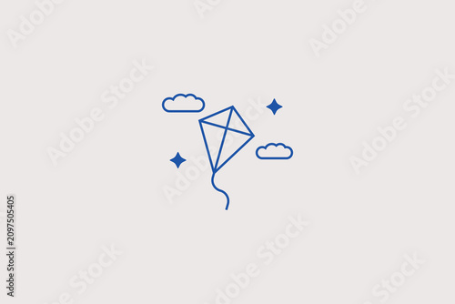 Flying toy kite in sky line icon for outdoor activity. Vector illustration for children play park, autumn festival event, family recreation.