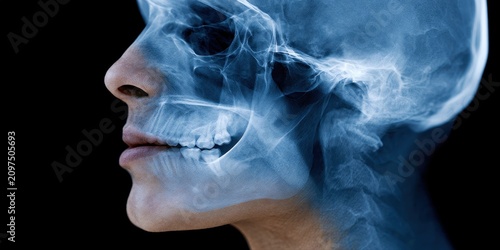 Human Head Profile Blended with Blue X-ray Skull