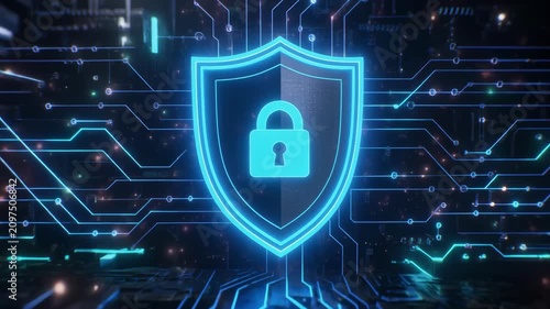 Digital Shield with Padlock Symbol on Futuristic Circuit Board Background.