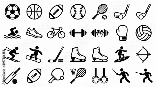 Sports and Fitness Activities Icon Set with Equipment and Athlete Silhouettes