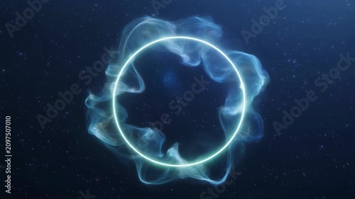 Abstract glowing blue ring pulsating with ethereal energy on dark background.