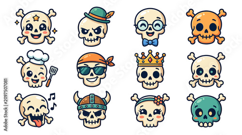 Fotografie Cute Skull Icons Set: Kawaii, Funny, and Cool Characters with Accessories