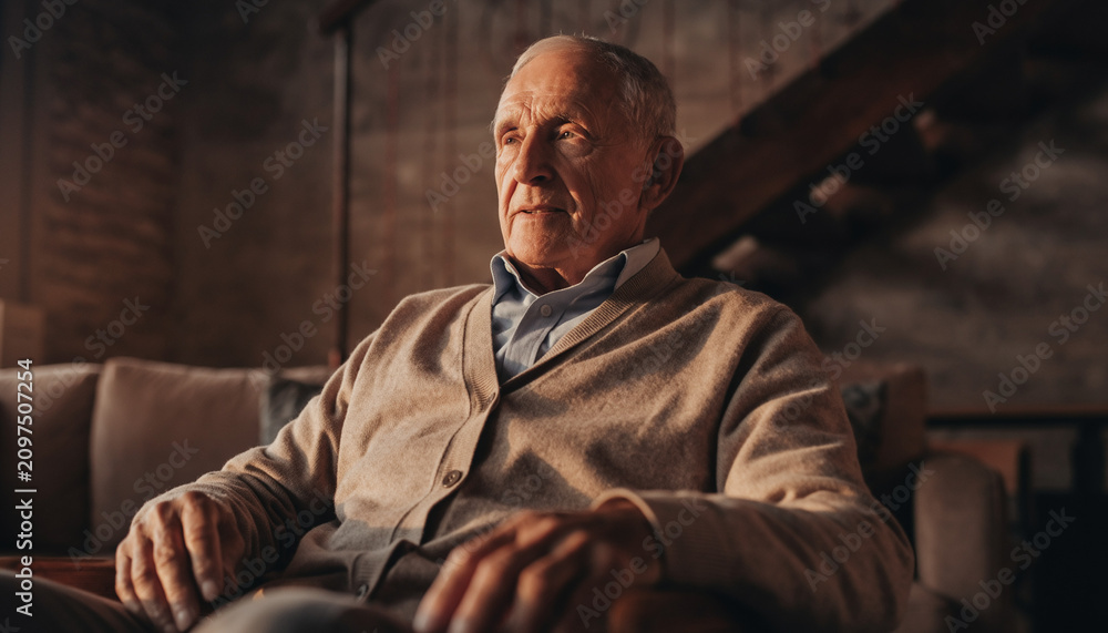 Fototapeta premium Contemplative senior gentleman relaxing in a snug living area illuminated by soft warm lights