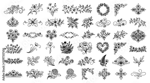 Vintage Black Floral Design Elements Vector Set with Decorative Leaves Swirls Ornamental Frames and Seamless Botanical Pattern Illustration