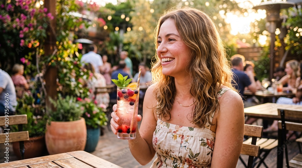 Fototapeta premium Smiling woman enjoying a refreshing berry cocktail at an outdoor garden patio during golden hour sunset, celebrating summer joy and relaxation.
