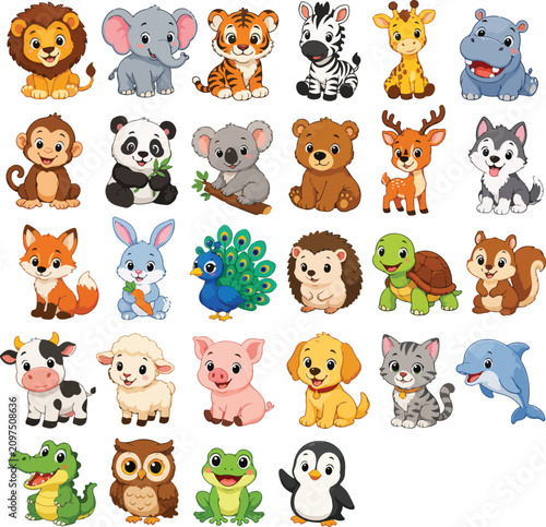 Cute baby animals collection. Vector set of adorable wild and farm creatures.