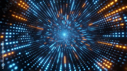 Abstract Digital Tunnel of Blue and Orange Lights Accelerating Forward.