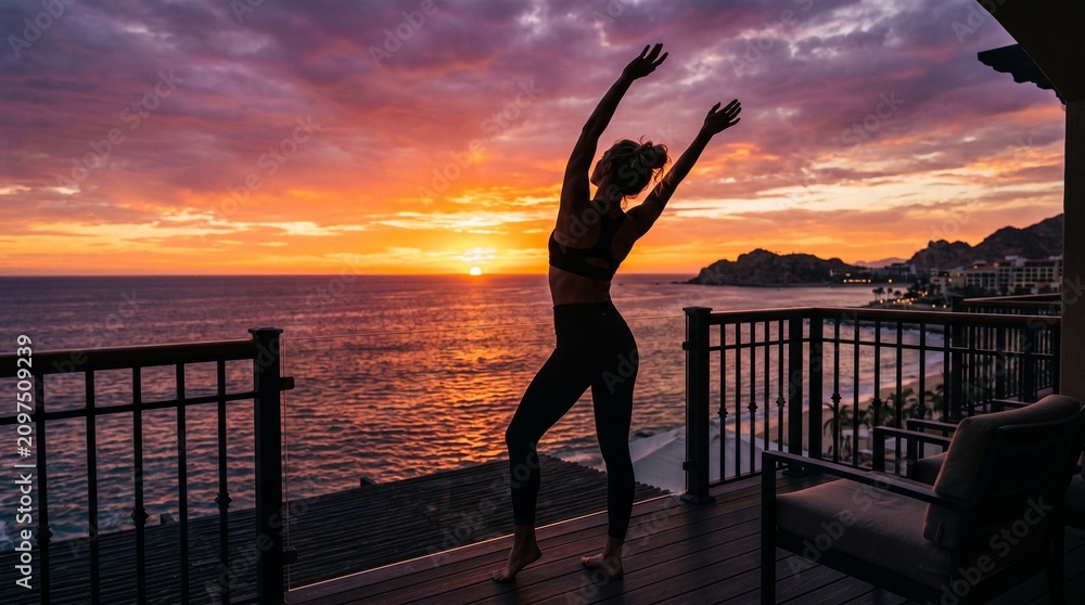 Fototapeta premium Woman stretching on a balcony at sunset overlooking the ocean, celebrating summer joy, wellness, and freedom during a tropical vacation.