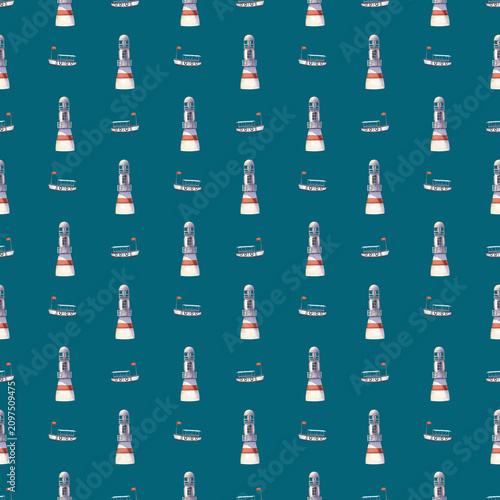 Foto Watercolor seamless pattern with nautical elements over a dark teal background