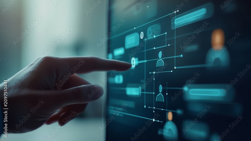Fototapeta premium Interactive digital interface showing network connection and human user profile management system analysis.