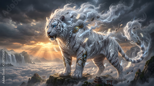 Mystical White Tiger God: A majestic white tiger, imbued with spiritual energy, stands sentinel on a mountain peak shrouded in mist, with dramatic sunbeams breaking through the clouds.