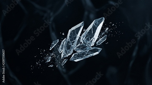 Shattering crystal shards exploding against a dark background, symbolizing sudden devastation, fragile beauty destroyed, and cataclysmic impact.