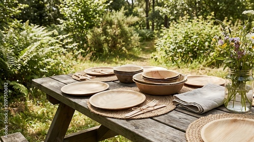 Rustic dinner table set for an outdoor garden picnic in a lush green backyard. sustainable dinnerware 