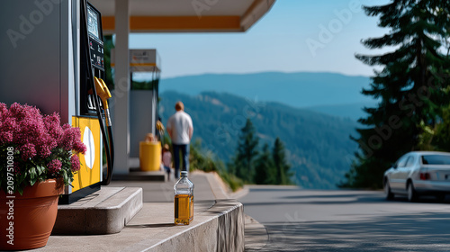 Scenic mountain gas station stop with a fuel container on the forecourt and distant forested highway view for travel planning, vehicle maintenance checklist and roadside rest guidance