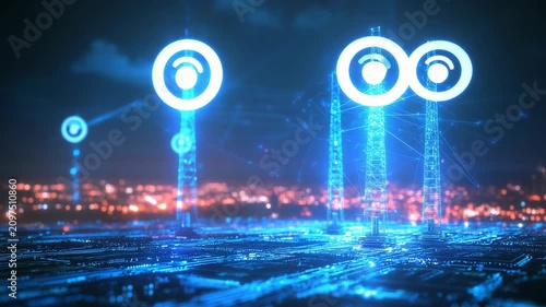 Futuristic urban communication network with three cellular towers digital signal lines glowing data grid 5G telecom infrastructure wireless internet technology smart city connectivity concept scene