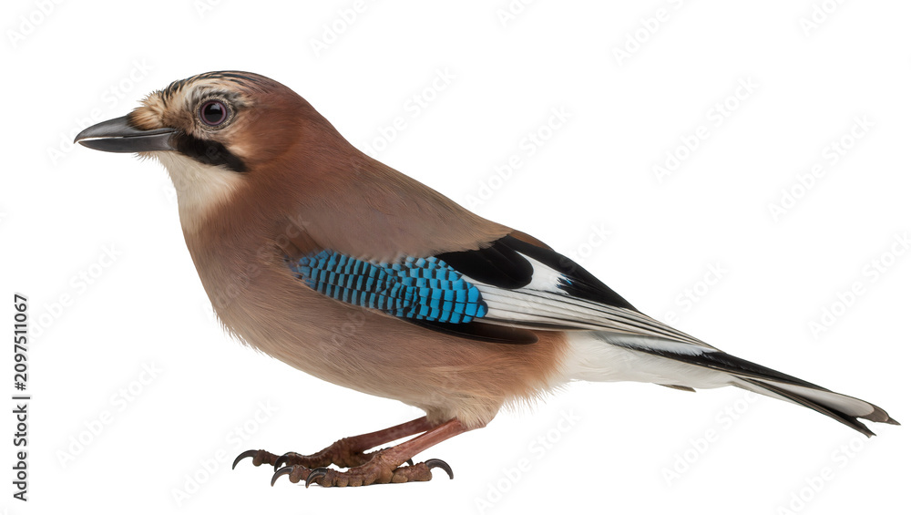 Obraz premium Isolated beautiful Eurasian Jay, Garrulus glandarius, a charming forest bird in profile view
