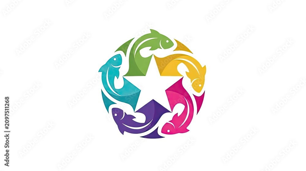 Obraz premium Five colorful fish swimming around a central star