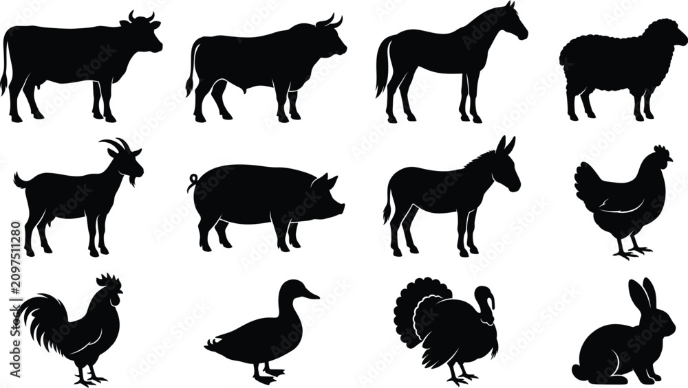 Obraz premium Farm animals silhouette vector set, cow, horse, pig, goat, sheep, domestic livestock 