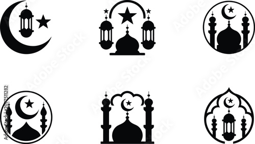 Photography Set of islamic icons featuring mosques lanterns and crescent moon symbols cresce