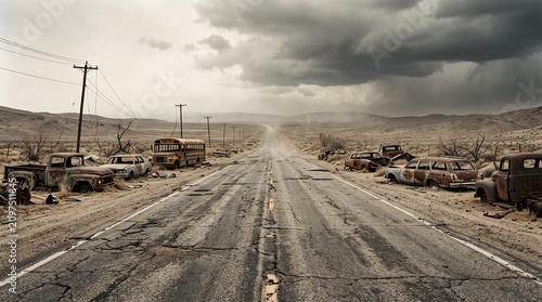 Cracked, ruined highway stretching through a desolate desert wasteland lined with abandoned, rusty vintage cars and a school bus under stormy skies.