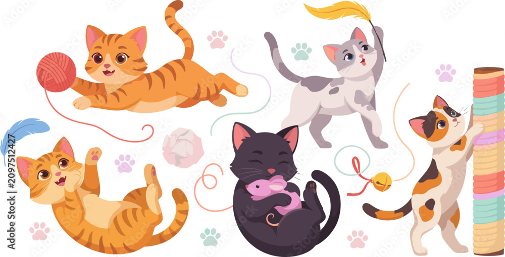 Fototapeta premium Playful Cats Illustration with Yarn Ball, Feather Toy, Mouse Toy, and Paw Prints for Cute Pet and Nursery Designs