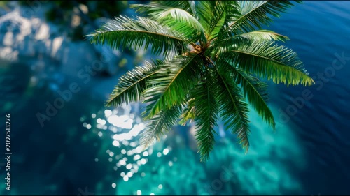 Aerial view of palm tree leaves over turquoise tropical ocean water, evoking island paradise, summer travel and luxury vacation
