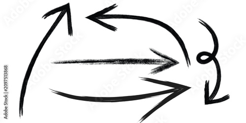 Grunge black paint brush stroke arrows, hand-drawn vector pointers set.