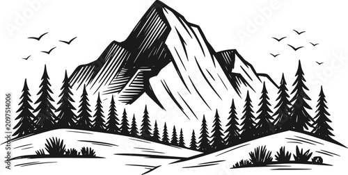 Valokuva 松の木に囲まれ鳥が飛んでいる山の白黒イラスト