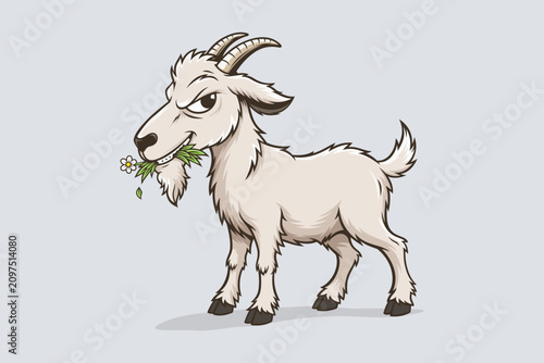 Cute Goat Eating Grass Vector Illustration. Playful Goat Cartoon Animal Artwork