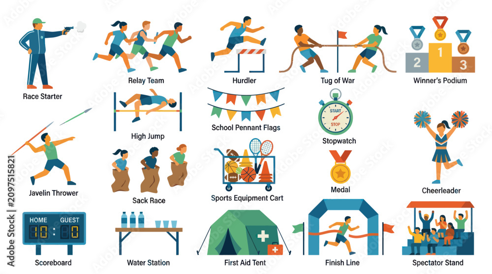 Naklejka premium Sports Competition Icons Set - Flat Design Vector Graphics for Athletics Events