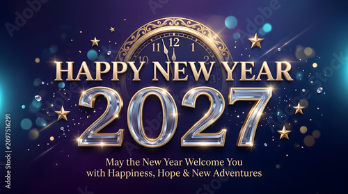 Happy new year 2027 wishing card with gold typography	, gold watch showing time in background
