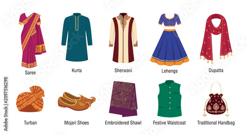 Fotografía A collection of traditional Indian attire and accessories including saree, kurta, sherwani, lehenga, dupatta, turban, mojari shoes, embroidered shawl, festive waistcoat, and traditional handbag