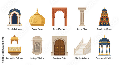 Foto A collection of traditional Indian architectural elements including temple entrances, palace domes, carved archways, stone pillars, and ornamental pavilions