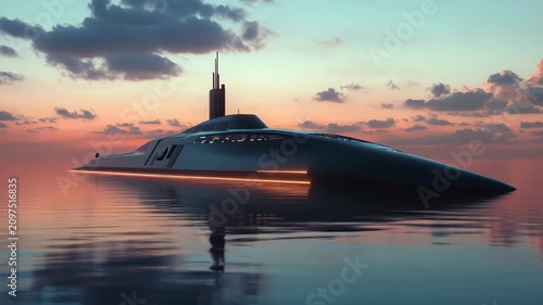 Futuristic stealth submarine gliding on calm ocean at sunset with sleek black hull and glowing reflections showing advanced naval technology defense innovation and silent underwater transport concept