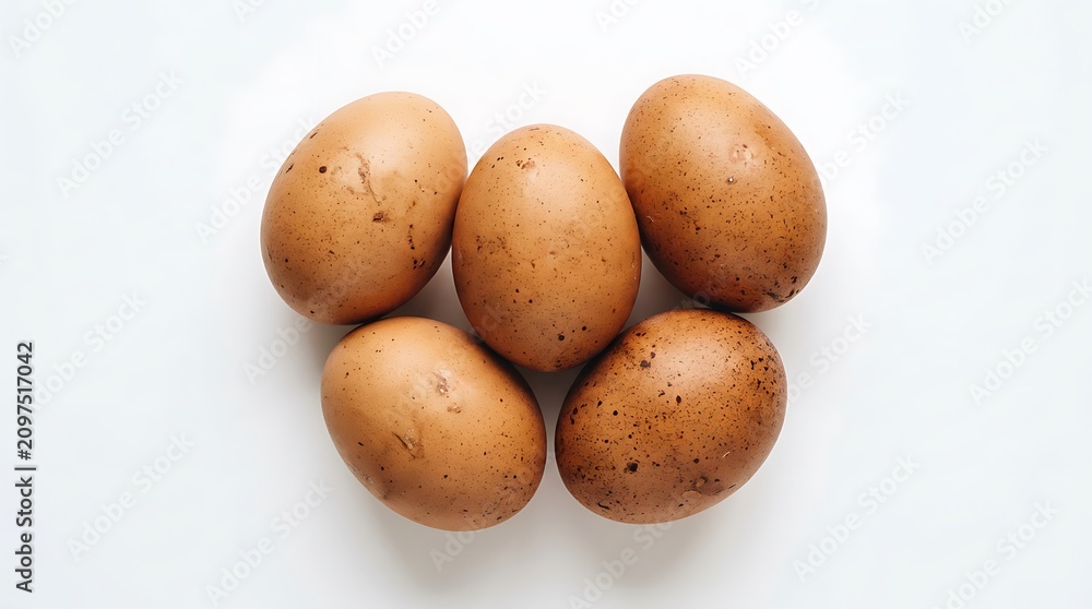Fototapeta premium Five fresh brown organic chicken eggs grouped together isolated on white background
