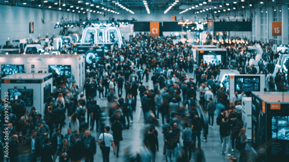 Obraz premium Dynamic trade show floor with motion blur of attendees highlighting the vibrant energy and movement of modern industry events.
