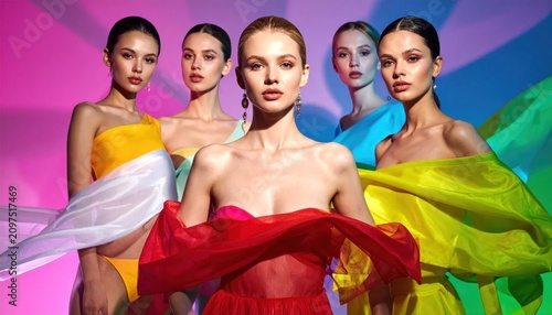 Fashionable women in colorful outfits.