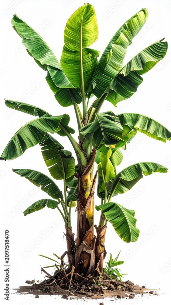 Obraz premium Lush green banana tree with broad leaves and visible roots