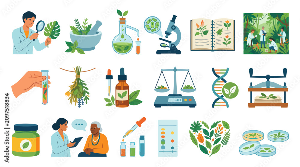 Fototapeta premium Herbal Medicine and Botany Research Icons: Scientists, Plants, Lab Equipment, DNA