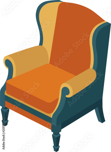 vintage wingback armchair vector illustration in orange and teal, symbolizing mental health therapy counseling, reading comfort, and luxury home interior design.