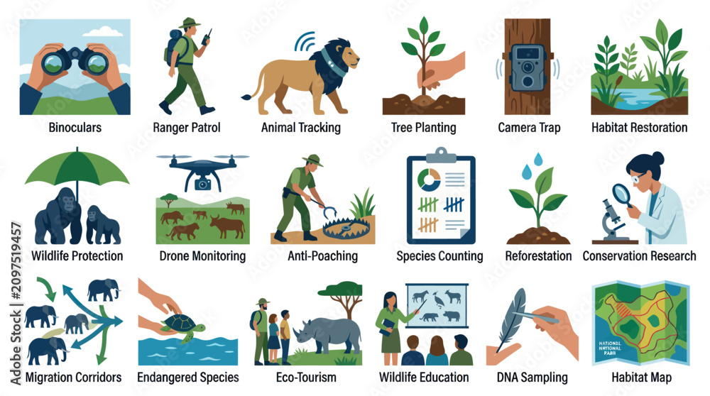 Fototapeta premium Wildlife Conservation Flat Vector Icon Set. Environmental Protection, Ecology, and Nature Activities Illustration.